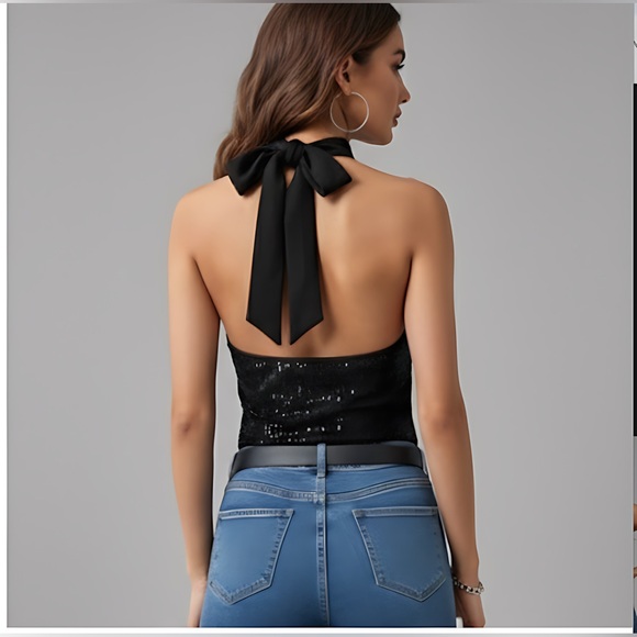 Black Sequin Back Tie Halter Top - Picture 3 of 5